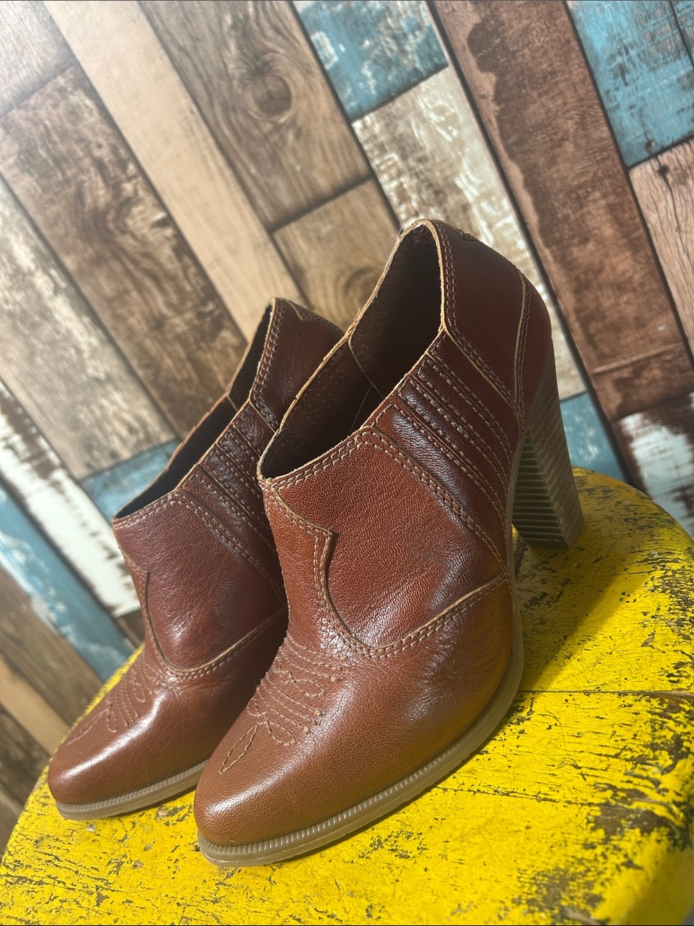 Gianni Bini Brown Leather Western-Inspired Block Heel Booties